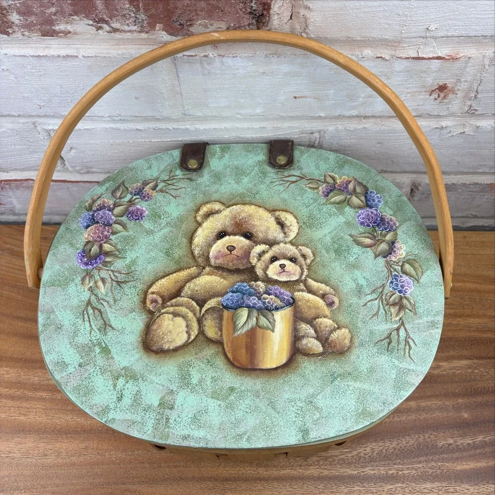 Handpainted Teddy Bear Blackberry Purse Basket Wood Lid Leather Straps Cottage